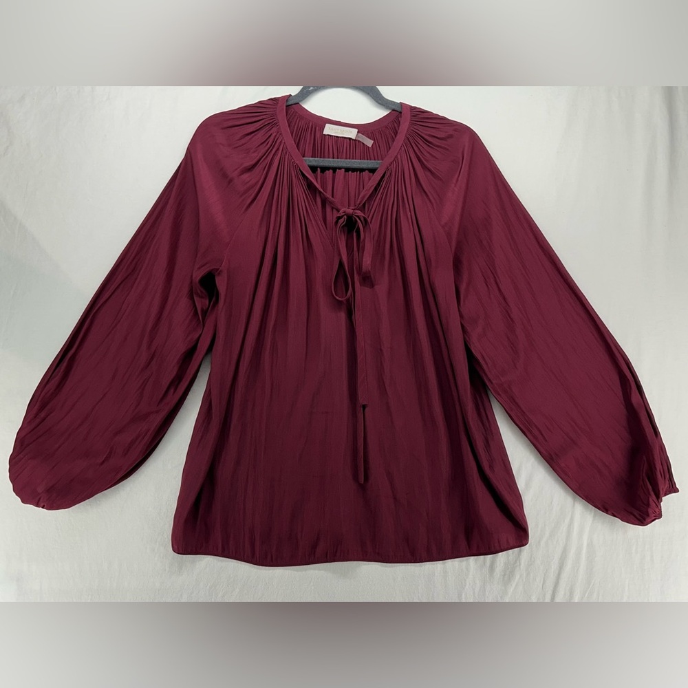 Ramy Brook Blouse XS Burgundy Red‎ Pleated Long Sleeve Peasant Tie Neck Top